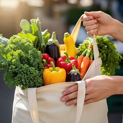 Hands holding eco tote bag with vegetables
