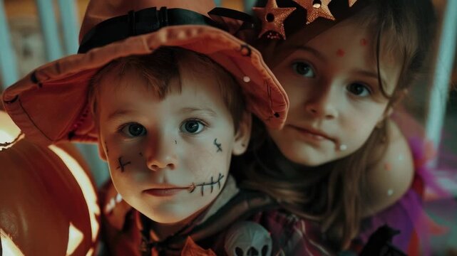 Video Two young children dressed up for Halloween with creative costumes and accessories, suitable for autumn celebrations or spooky-themed events