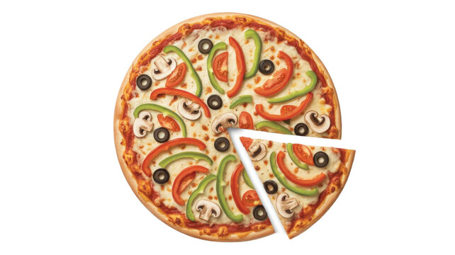 Vibrant, freshly baked pizza with mushrooms, olives, and colorful bell peppers. A slice is perfectly cut, ready for serving. background removed