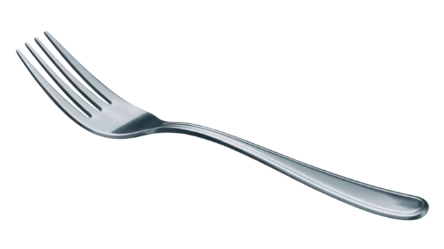 A shiny, elegant stainless steel four-tined fork, subtly angled, isolated on a deep forest transparent background, ready for dining. background removed