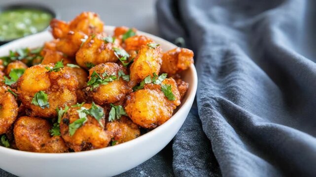 Crispy golden fried cauliflower appetizer bites spiced and garnished with cilantro, served with
