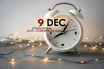 White alarm clock displaying international anti corruption day december ninth