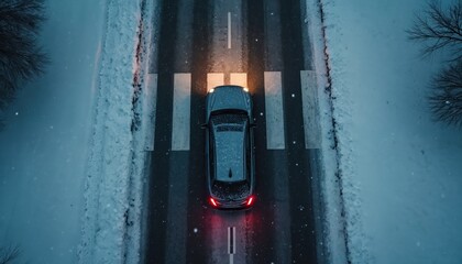 Top down aerial view of a car driving on dark asphalt road in winter at night. Vehicle crosses a slippery street during a snowfall. Automobile headlights illuminate the crosswalk on a snowy highway.