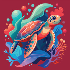 Colorful Stylized Sea Turtle Vector &ndash; Vibrant Underwater Ocean Animal Swimming Among Coral and Seaweed"