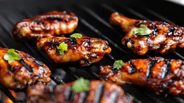 Grilled barbecue chicken drumette with caramelized glaze, glossy grill char and herb garnish