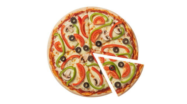 Delicious vegetarian pizza with a missing slice, topped with colorful bell peppers, mushrooms, olives, and tomatoes on a transparent background. background removed