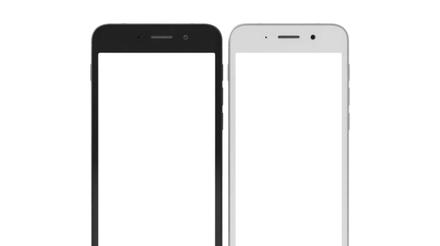 Side-by-side black and white generic smartphones with blank white screens on a transparent background, ideal for app mockups. background removed