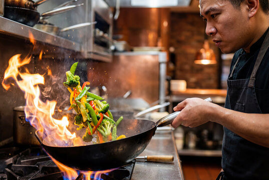 Asian male chef stir-frying fresh colorful vegetables in hot wok with intense flames, professional restaurant kitchen environment, cooking process with vibrant ingredients, high heat preparation - Powered by Adobe