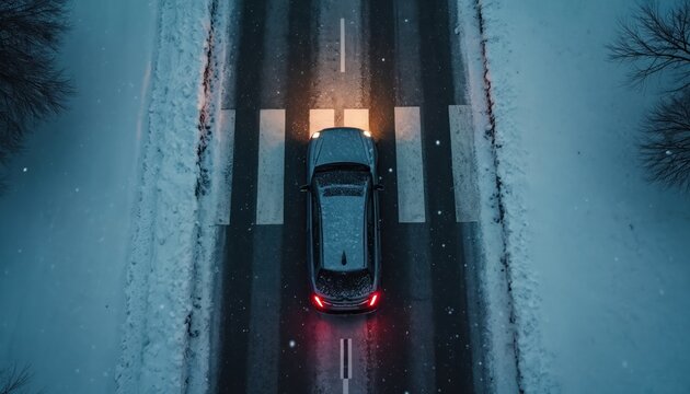 Top down aerial view of a car driving on dark asphalt road in winter at night. Vehicle crosses a slippery street during a snowfall. Automobile headlights illuminate the crosswalk on a snowy highway.