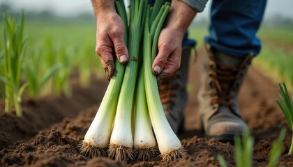 Farmer holds fresh leeks in dirty hands pulled from field. Person works at farm planting green vegetables. Harvest season agriculture produces organic food.