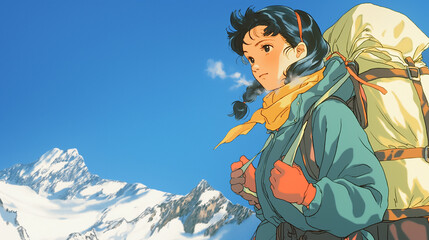 澄んだ青空と雪山、登山する女性、旅立ち、希望、孤独、自然、冬、白銀、静けさ、冒険心、リュック、防寒着、髪なびく、感情、成長、記憶、足跡、旅路、光と影、アニメ風