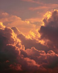 Majestic Golden Hour Sky - Dramatic Cumulus Clouds Ablaze with Fiery Orange and Deep Purple Hues.