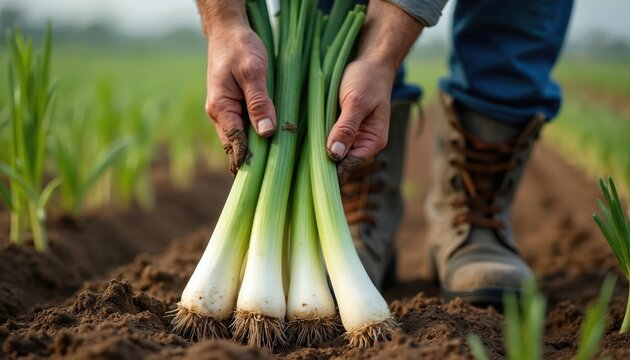 Farmer holds fresh leeks in dirty hands pulled from field. Person works at farm planting green vegetables. Harvest season agriculture produces organic food.