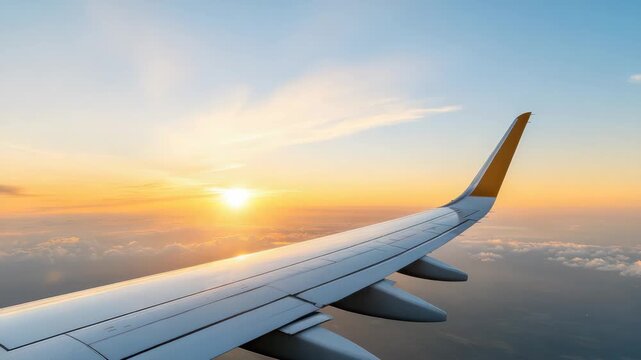 Sunlit airplane wing over cloud layer sunrise with warm sky glow and peaceful light horizon beneath