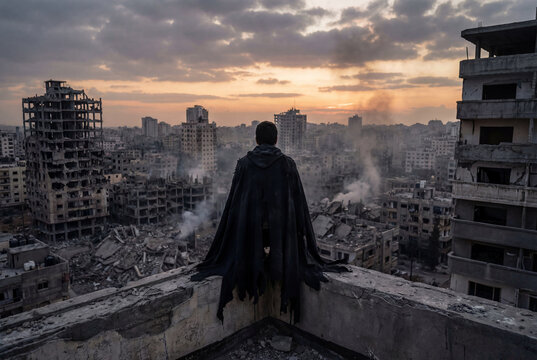 Solitary figure in black cloak stands on rooftop, overlooking war-torn cityscape at sunset. Smoke rises from ruined buildings. Aftermath of urban conflict.