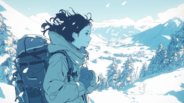冬山、雪、女性、登山、青空、防寒着、バックパック、冒険、旅、自然、風景、美しい、感動、希望、静寂、吹雪、雪山、アウトドア、青春、モノローグ、ストーリーを感じる