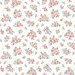 Cute floral pattern in small flowers. Small pastel natural color red hand drawn flowers. White background. Ditsy print. Floral seamless background. Liberty template with flowers for fashion prints. 
