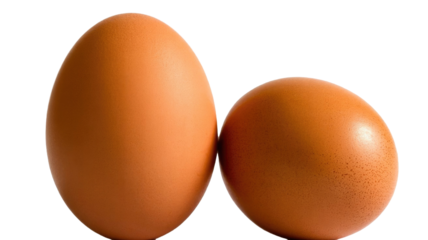 Two brown chicken eggs of different sizes are prominently displayed on a vibrant transparent background, showcasing their natural texture and form. background removed
