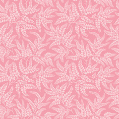 Fototapeta premium Trendy seamless floral pattern of leaves and plants. Intertwined pink branches and leaves, coral background. Vector seamless ornament print. Natural forest pattern. Cute template with leaves motif art