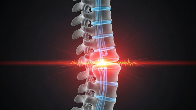 Anatomical rendering of a spine showing spinal cord injury with red pain waves and blue spinal fluid
