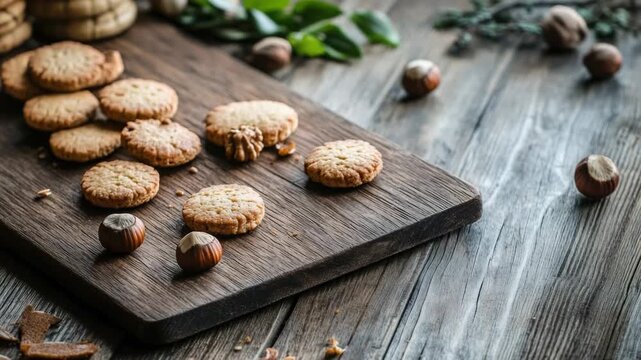 Video A wooden cutting board loaded with cookies and nuts, perfect for snack time or party use