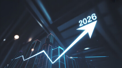 Anticipating a glowing 2026 with a rising trend and futuristic city skyline, signaling growth and a promising future for investments
