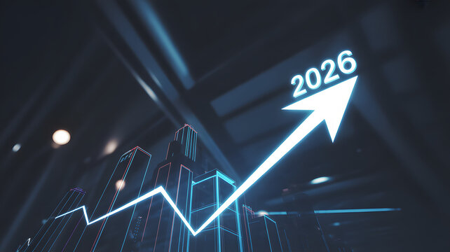 Anticipating a glowing 2026 with a rising trend and futuristic city skyline, signaling growth and a promising future for investments