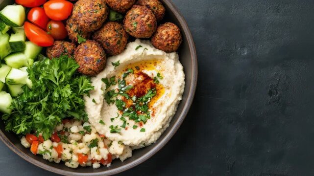 Fresh Mediterranean bowl hummus falafel parsley cucumber cherry tomato chickpea salad vibrant bowl