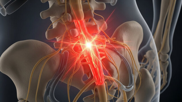 Anatomical illustration showing the spine and the pelvis with a bright red painful area on the spine