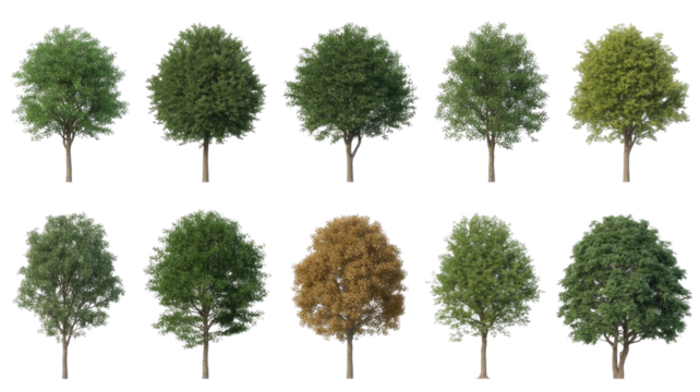 Ten realistic 3D trees: various green summer foliage and one autumn tree. Isolated on solid background, ideal for architectural visualization projects. background removed