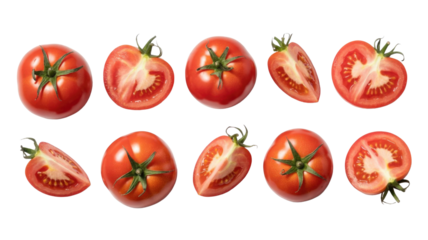 Fresh red tomatoes, both whole and halved, arranged in a vibrant display, perfect for culinary and health-related content. background removed
