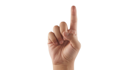 A human hand with an index finger pointing straight up, signifying attention, number one, or upward direction against a clean background. background removed