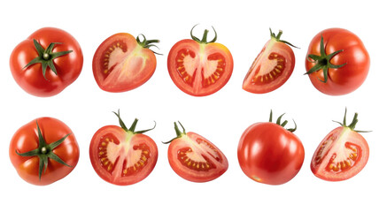 Fototapeta premium A vibrant display of red tomatoes, both whole and sliced, showcasing their fresh ripeness and juicy interior on a clean background. background removed