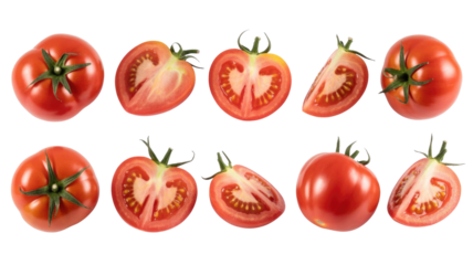 A vibrant display of red tomatoes, both whole and sliced, showcasing their fresh ripeness and juicy interior on a clean background. background removed