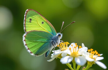 Fototapeta premium Green Hairstreak butterfly with bright green wings sits on small white blossom. Insect collects sweet nectar. Vibrant body, delicate antennae visible. Tiny creature enjoys sunny spring day,
