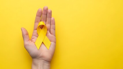 Yellow ribbon, held gently in an open hand, symbolizes hope, awareness, and unwavering support for various critical causes like childhood cancer and mental health.
