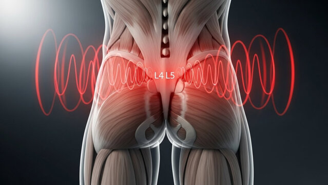 Anatomical illustration showing the lower back muscles and l4 l5 vertebrae with pain indication