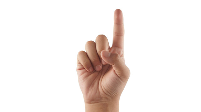 A human hand with an index finger pointing straight up, signifying attention, number one, or upward direction against a clean background. background removed