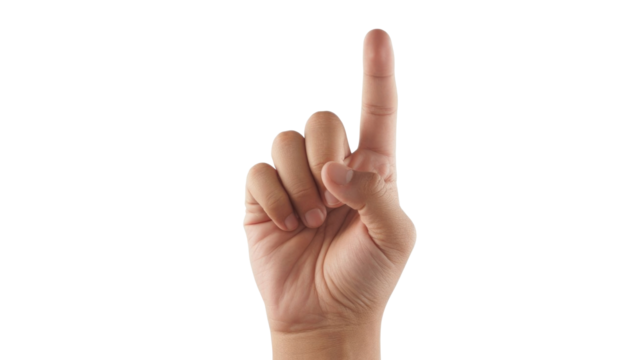 A human hand with an index finger pointing straight up, signifying attention, number one, or upward direction against a clean background. background removed