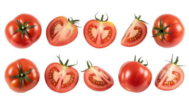 A vibrant display of red tomatoes, both whole and sliced, showcasing their fresh ripeness and juicy interior on a clean background. background removed
