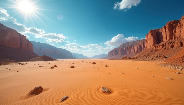 Expansive desert landscape with towering red rock cliffs on both sides of wide valley. Bright sun illuminates golden sandy terrain with ripples, scattered rocks. Clear blue sky, white clouds over - Powered by Adobe