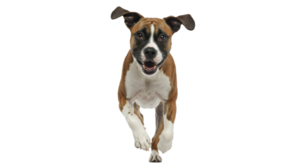 A joyful brown and white dog with a black muzzle runs excitedly forward, mouth open in a happy expression, isolated on a solid background. background removed