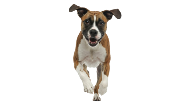 A joyful brown and white dog with a black muzzle runs excitedly forward, mouth open in a happy expression, isolated on a solid background. background removed