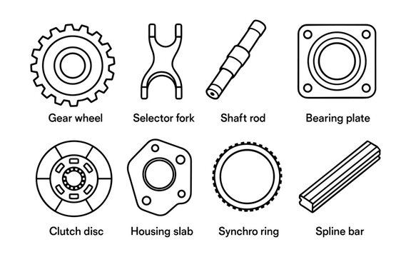 Set of automotive engine parts in minimal line art style for technical diagrams