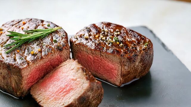 Juicy medium rare filet mignon beef steak with rosemary, pink center, cracked pepper