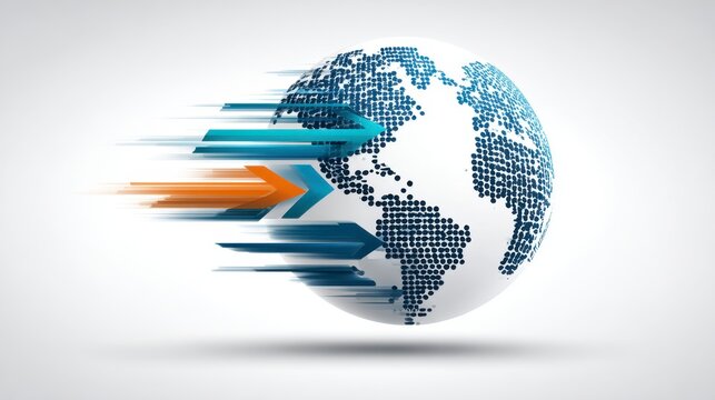 Digital globe with dotted continents and dynamic arrows symbolizing global movement and fast progress in technology and communication