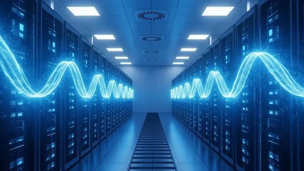 Digital Data Flow Through Server Racks With Blue Neon Wave Animation Futuristic Technology Abstract Background - Powered by Adobe