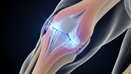 Anatomical knee joint illustration showcasing ligaments and cartilage with a dark background view