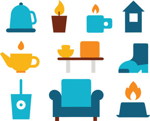 Cozy home icons set vector graphics for warm ambiance