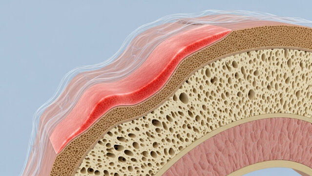 Illustration of the layers of tissue including skin, bone and red membrane in detail view